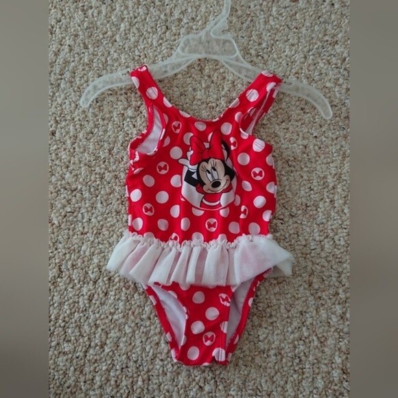 Disney Baby Minnie Mouse One-piece Swimsuit Size 12M Red/White Polka Dot Tutu - Picture 1 of 8